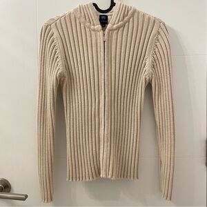 Cream Rib-Knit Zip-Up Hoodie